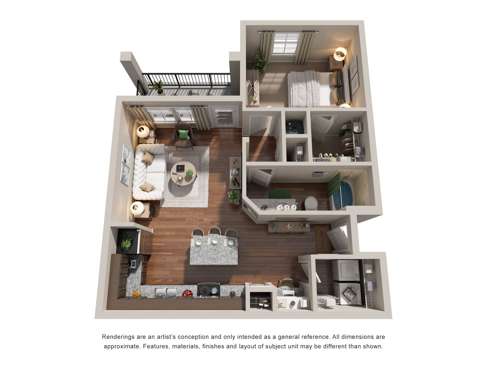 Floor plan for 1 bed, 1 bath, 766 sqft